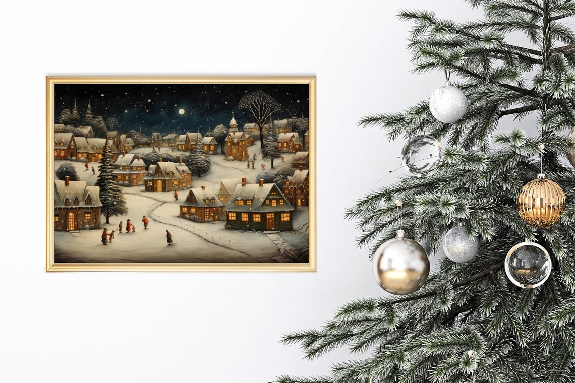 Vintage Christmas Village Wall Art Vintage Christmas Winter Night Wall Art Farmhouse Christmas Decor Snowy Town Painting Xmasv1 - Image 4
