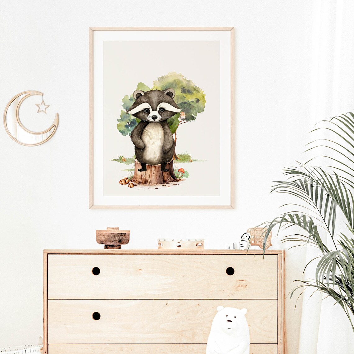 Baby Raccoon Tree Stump Watercolor Forest Nursery Animal Poster - Image 3
