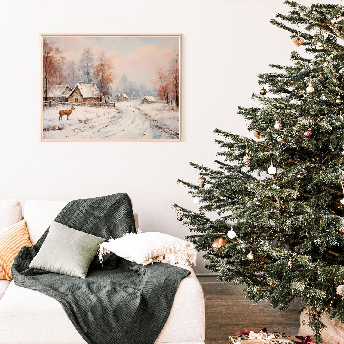 Winter Cabin Deer Snowy Woods Pink Dusk Cozy Christmas Poster - Image 5