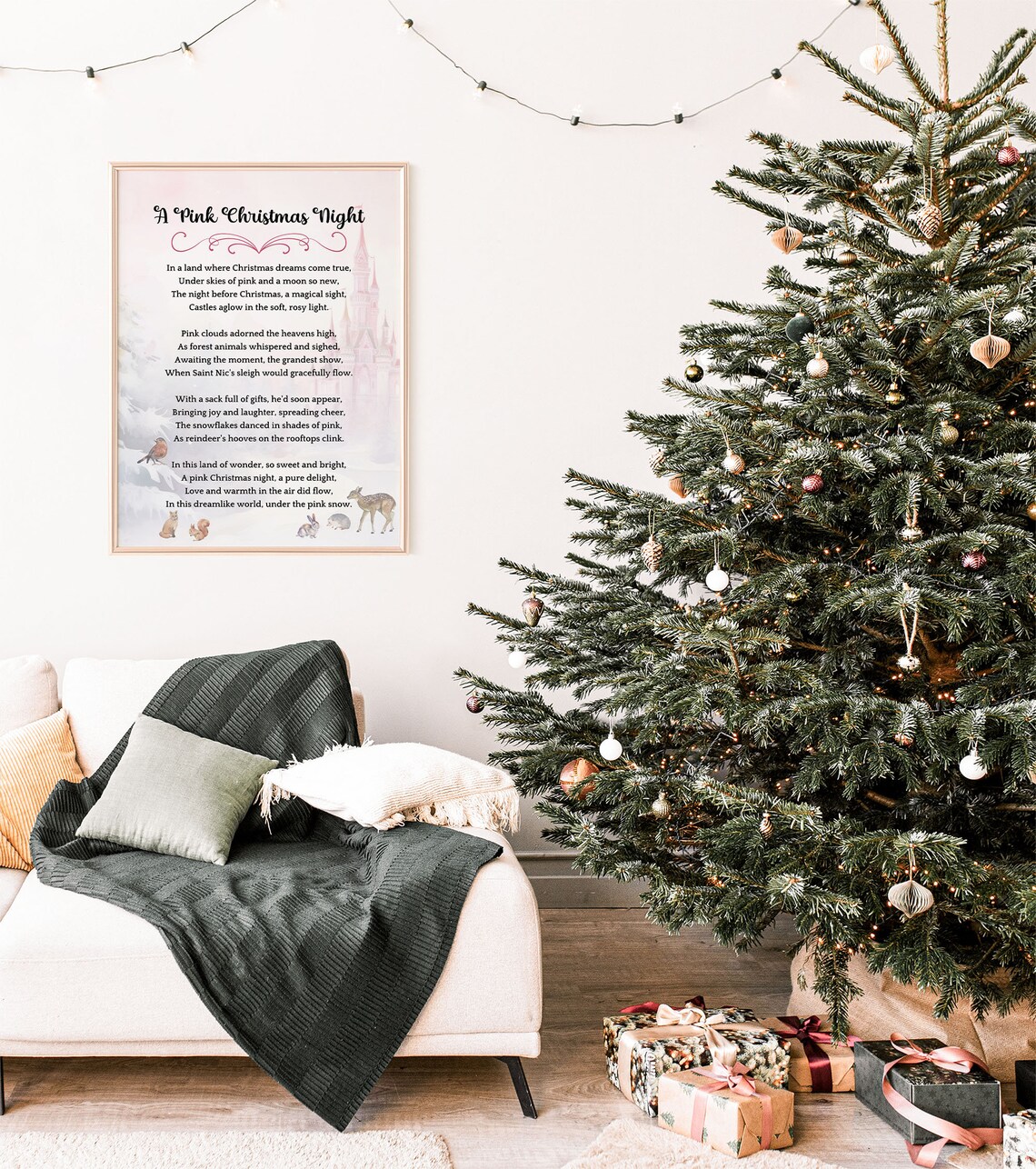 A Pink Christmas Night Poem Castle Woodland Holiday Art Poster - Image 7
