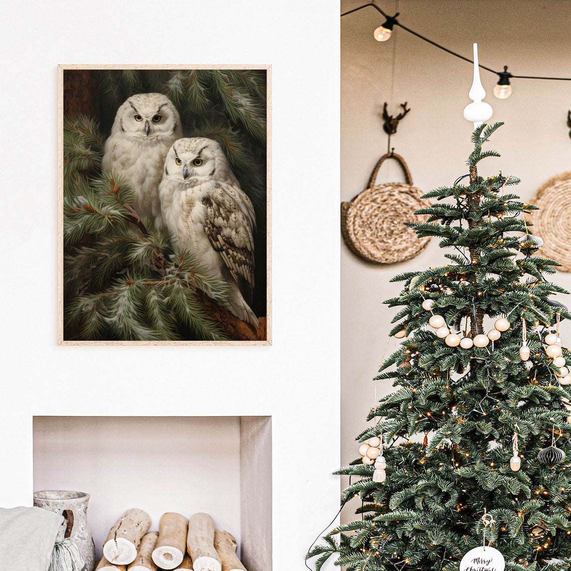 Two White Snowy Owls Perched in a Pine Tree Winter Bird Poster - Image 4