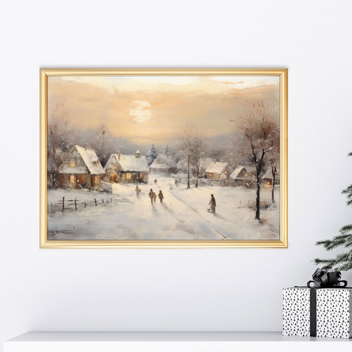 Vintage Snowy Village Moonrise Winter Scene Oil Painting Poster - Image 6