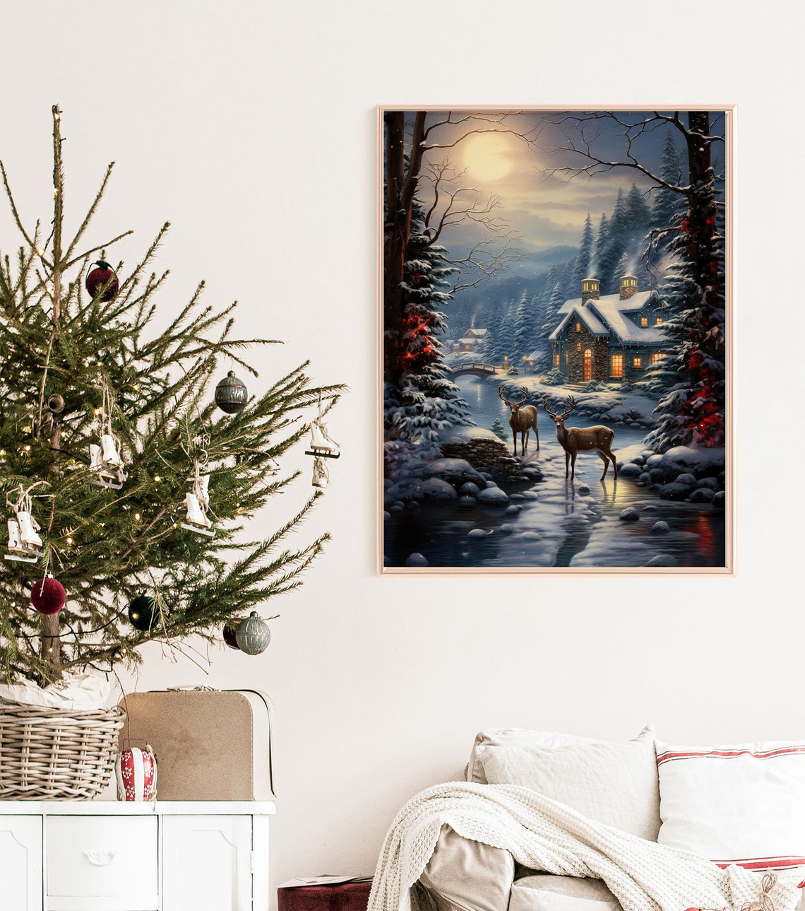 Two Deer Moonlit Stream Cozy Cabin Snowy Forest Night Poster - Image 7