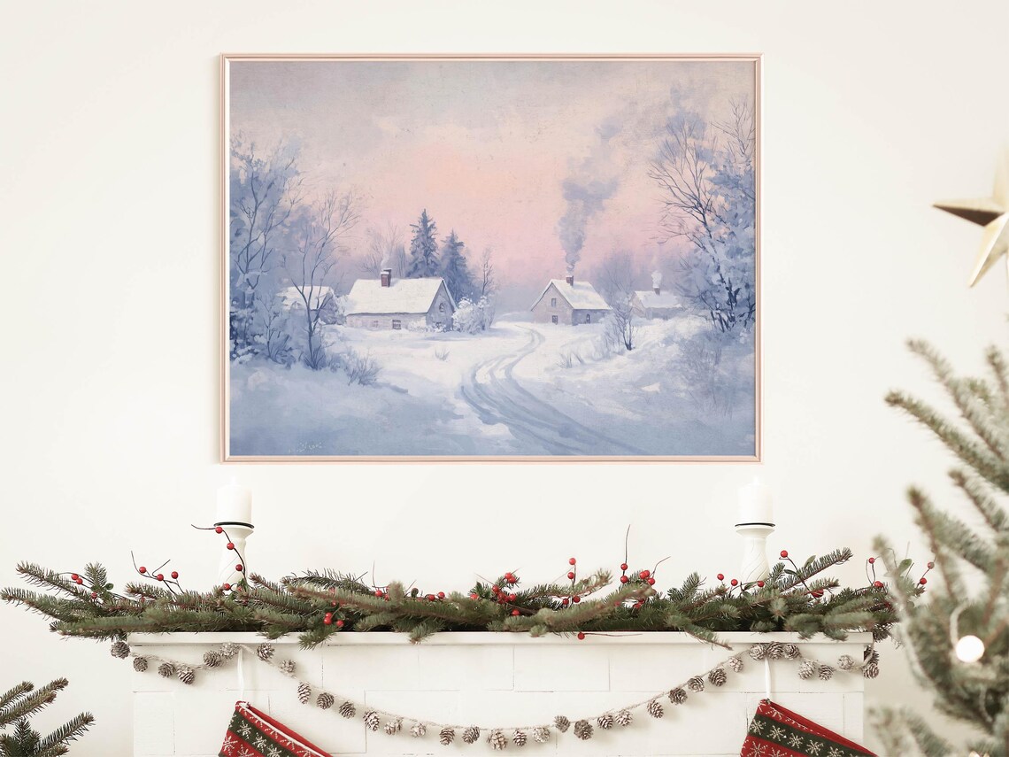 Pastel Winter Village Snowy Cottages Pink Sky Christmas Print - Image 6