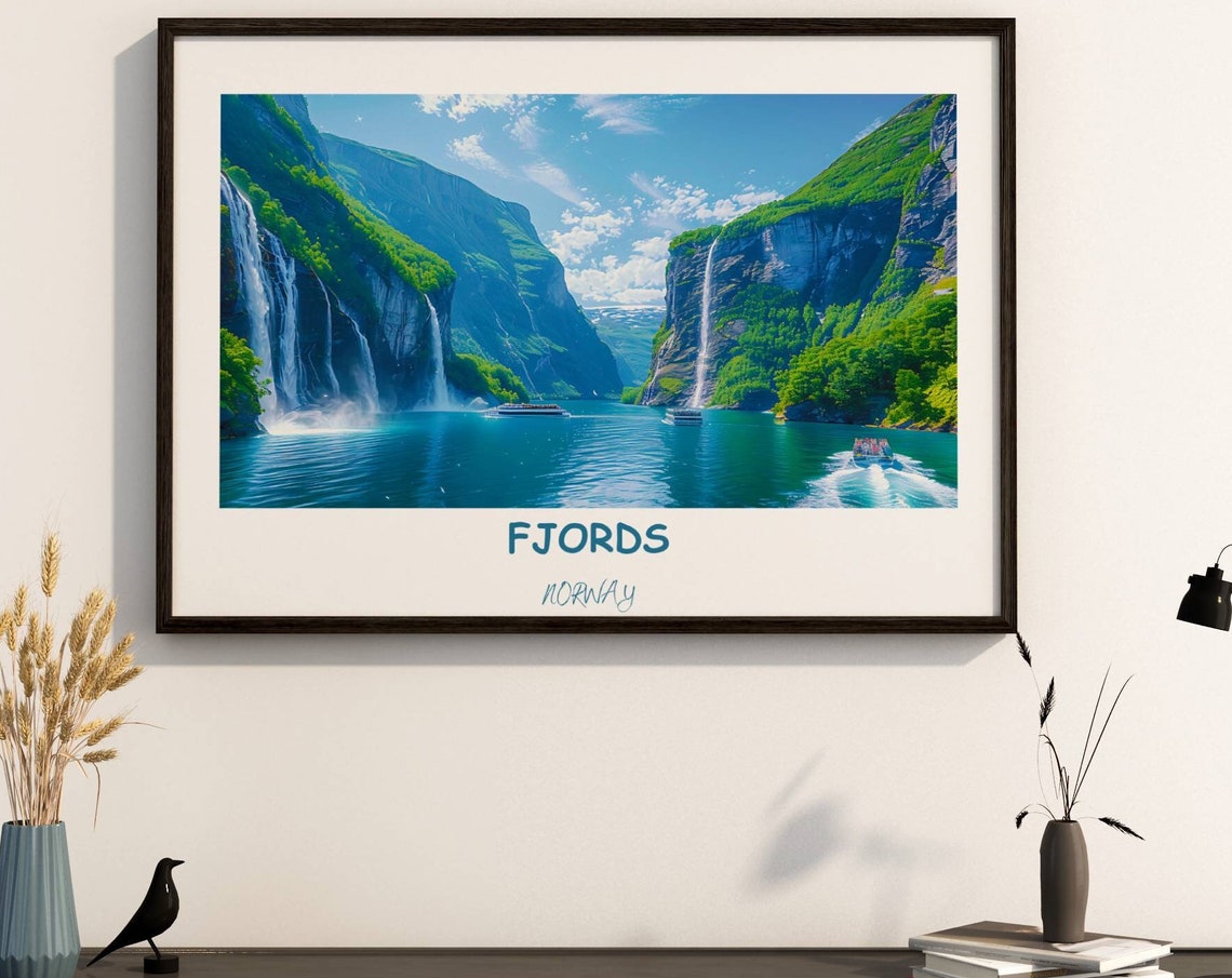 Fjords Travel Print Travel Poster Of Fjords Norway Poster Fjords Art Gift Norway Art Lovers Travel Gift