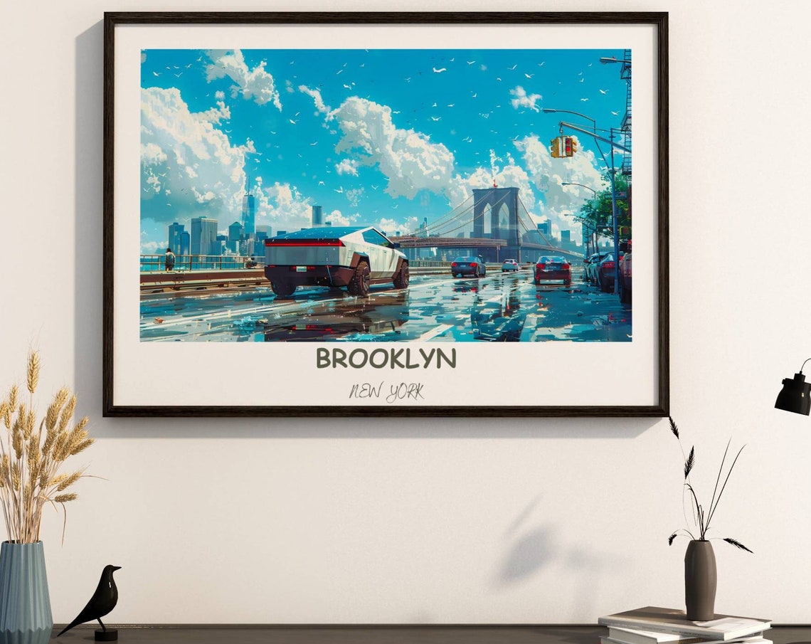 Tesla Cybertruck Crossing Brooklyn Bridge Illustrated Poster