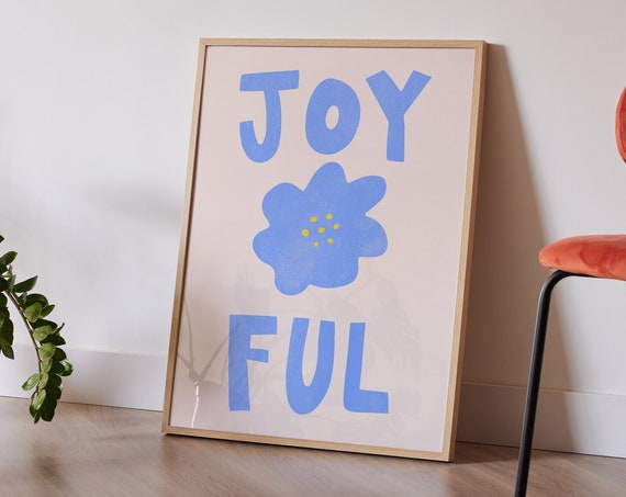 Typography Joyful Wall Art Pastel Blue Flower Mid Century Modern Minimalist Home Decor Cute Happy Kids Aesthetic