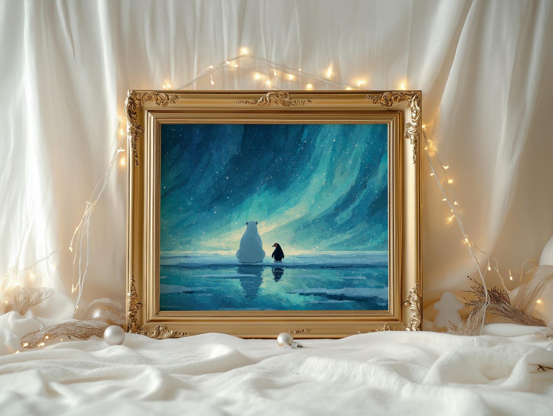 Polar Bear and Penguin Silhouette Arctic Aurora Night Wall Art