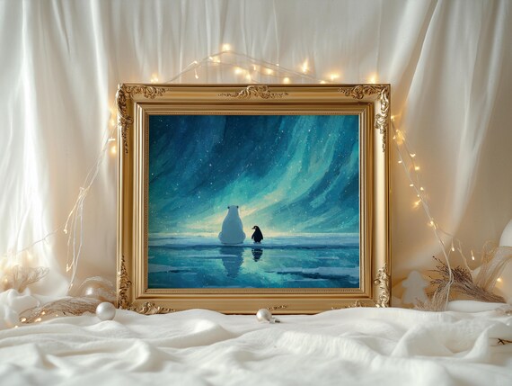 Polar Bear and Penguin Silhouette Arctic Aurora Night Wall Art