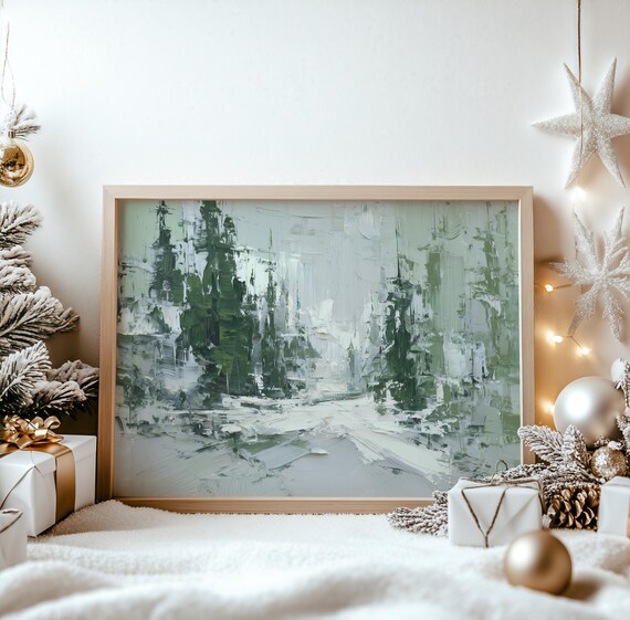 Modern Snowy Forest Scene Winter Wall Art Abstract Brush Strokes Rustic Christmas Decor Festive Holiday Painting 769