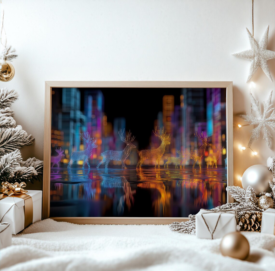 Neon Reindeer City Lights Festive Night Holiday Winter Glow Poster