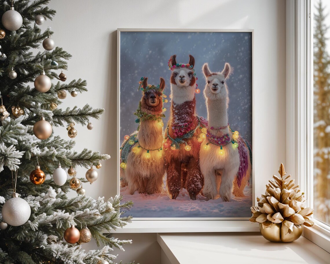 Llama Trio Christmas Lights Snowy Holiday Festive Animal Wall Art
