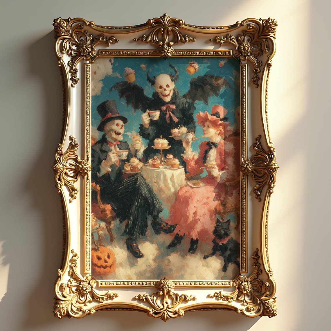 Victorian Skeletons Spooky Tea Party Pink Dress Halloween Poster
