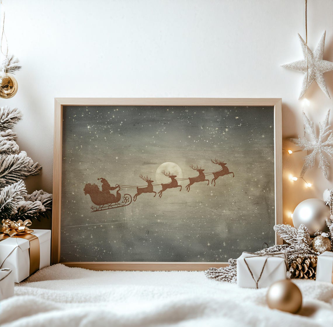 Vintage Santa Sleigh Ride Silhouette Under Moon Snowy Night Poster