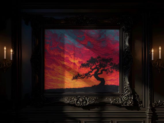 Oak Tree Silhouette Painting Rustic Autumn Sunset Art Earthy Warm Fall Decor Gnarled Landscape Wall For Home 119