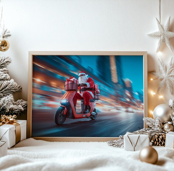 Santa Claus Red Electric Scooter Night City Christmas Poster