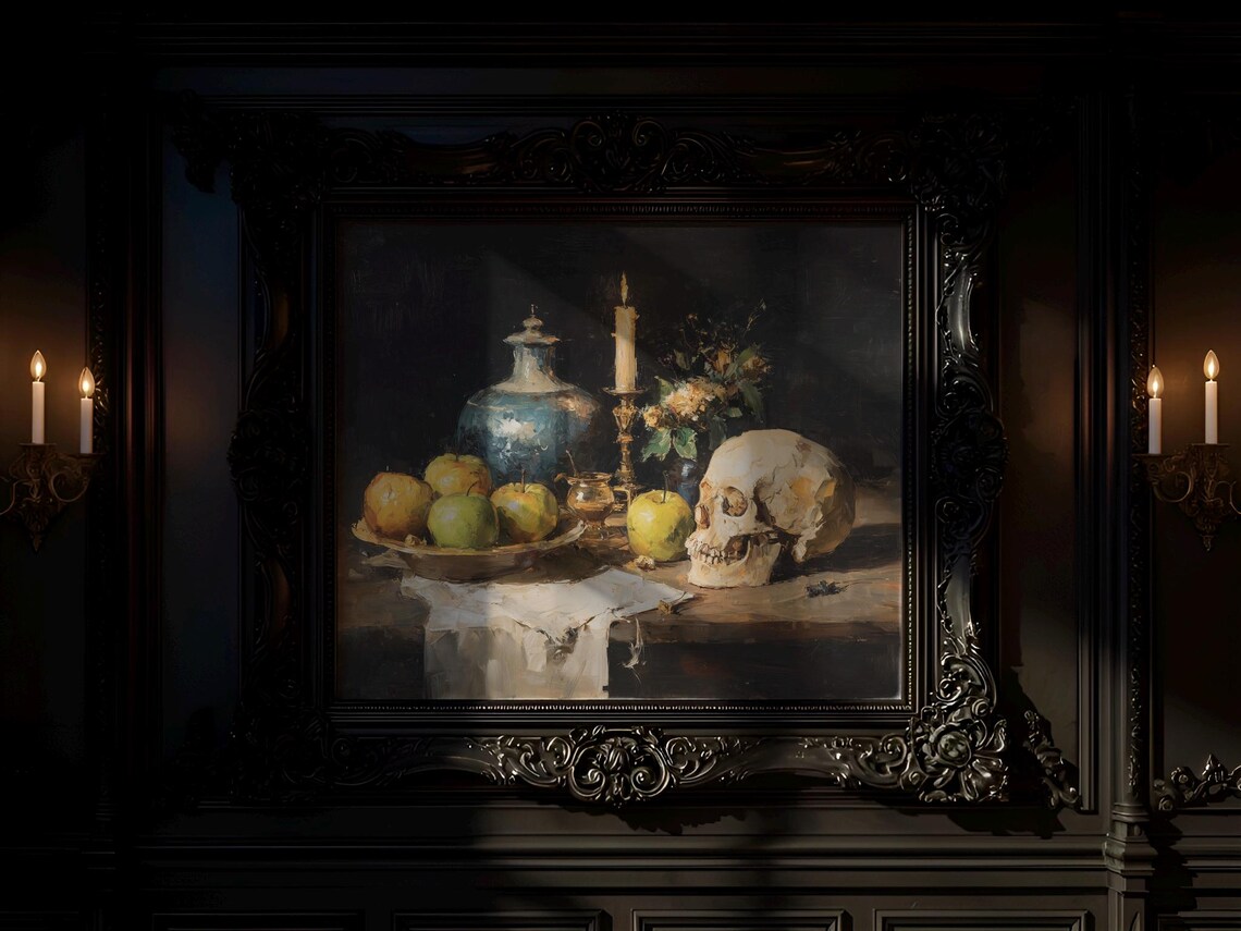 Rustic Still Life Skull And Apples Vintage Oil Painting Dark Print