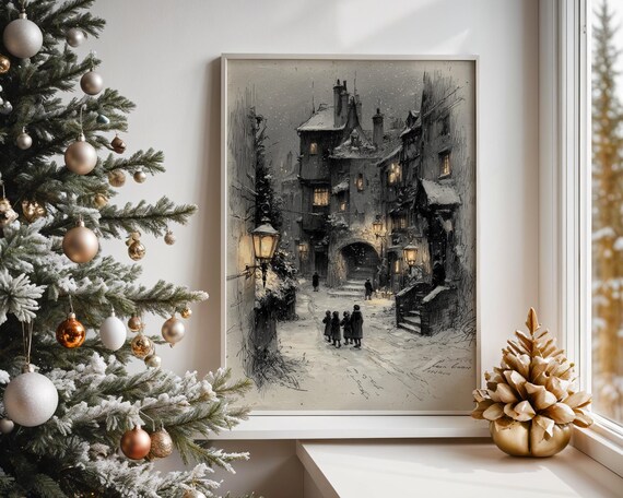Vintage Snowy Old Town Street Winter Scene Charming Sketch Art Print