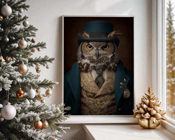 Victorian Owl Portrait Christmas Gentleman Top Hat Vintage Print