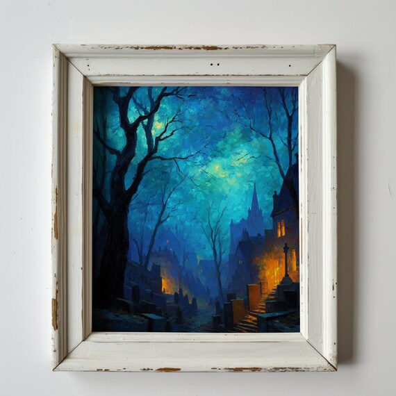 Halloween Wall Art Eerie Foggy Graveyard Midnight Scene With Pumpkins Rustic Autumn Home Decor Gothic Print 264