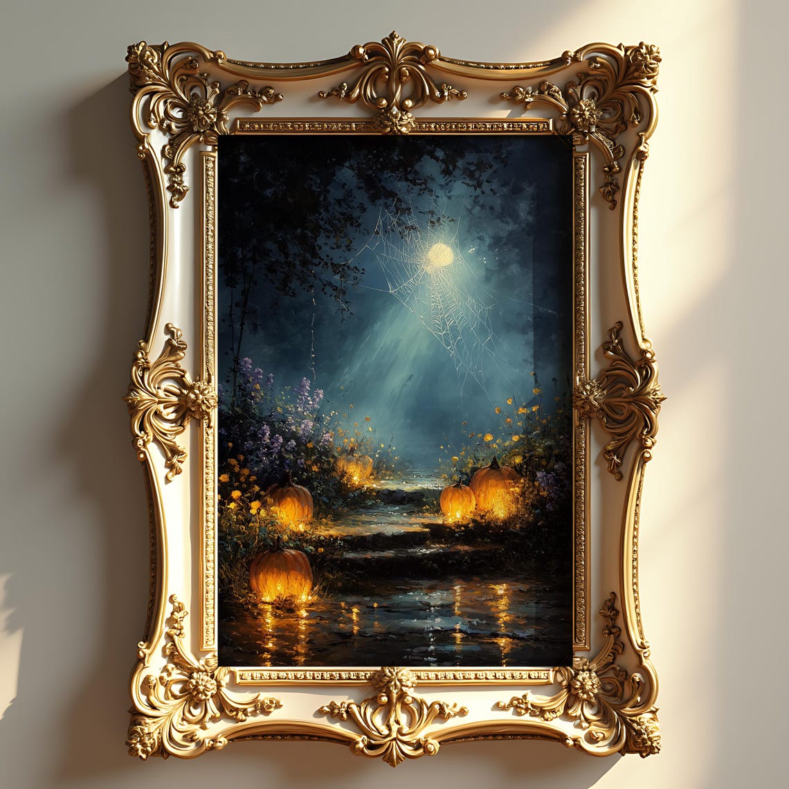 Autumn Night Glowing Spider Web Pumpkin Moonlit Fall Creek Poster