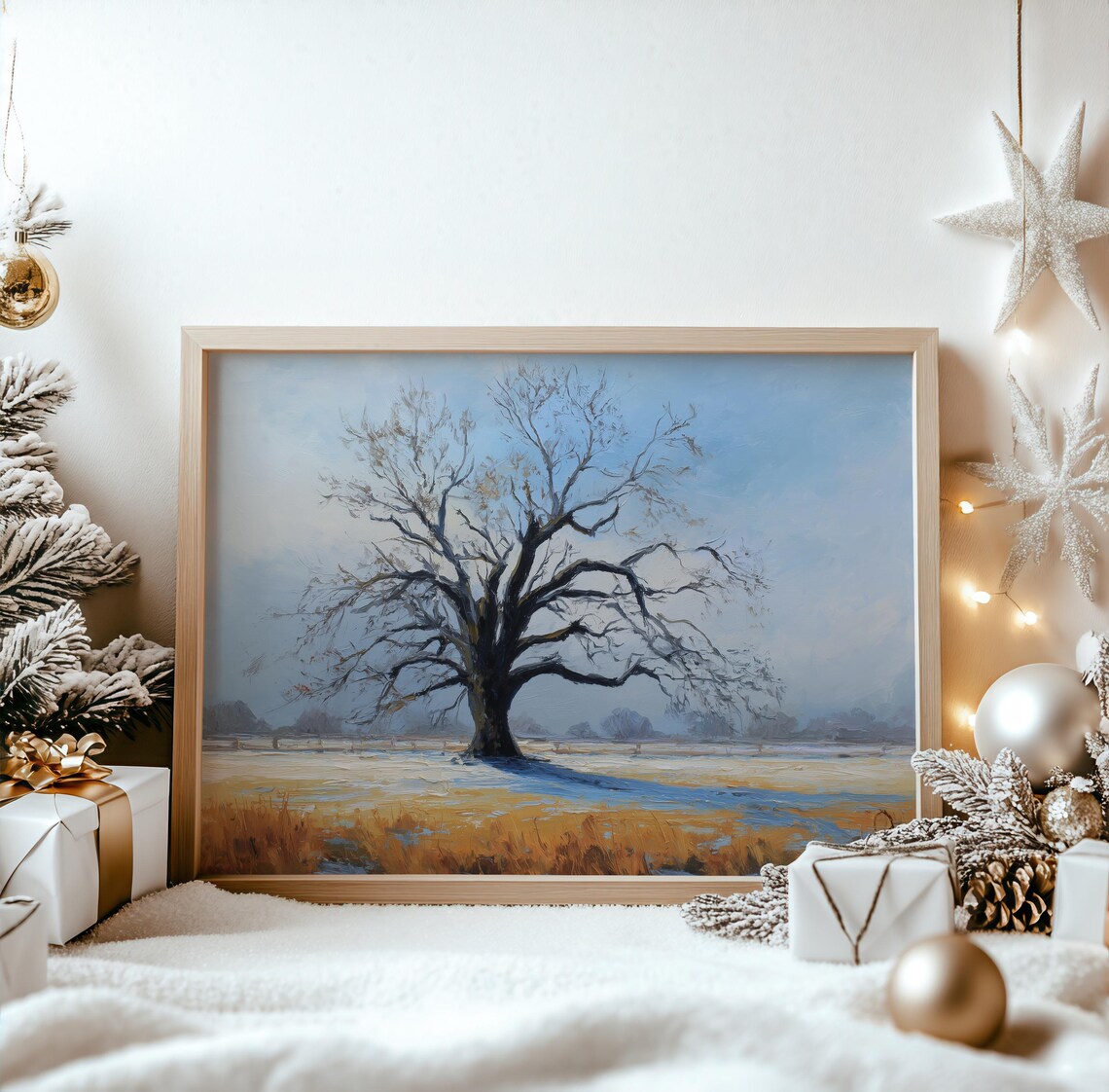 Lone Oak Tree in Golden Frosty Winter Field Painting Art Poster