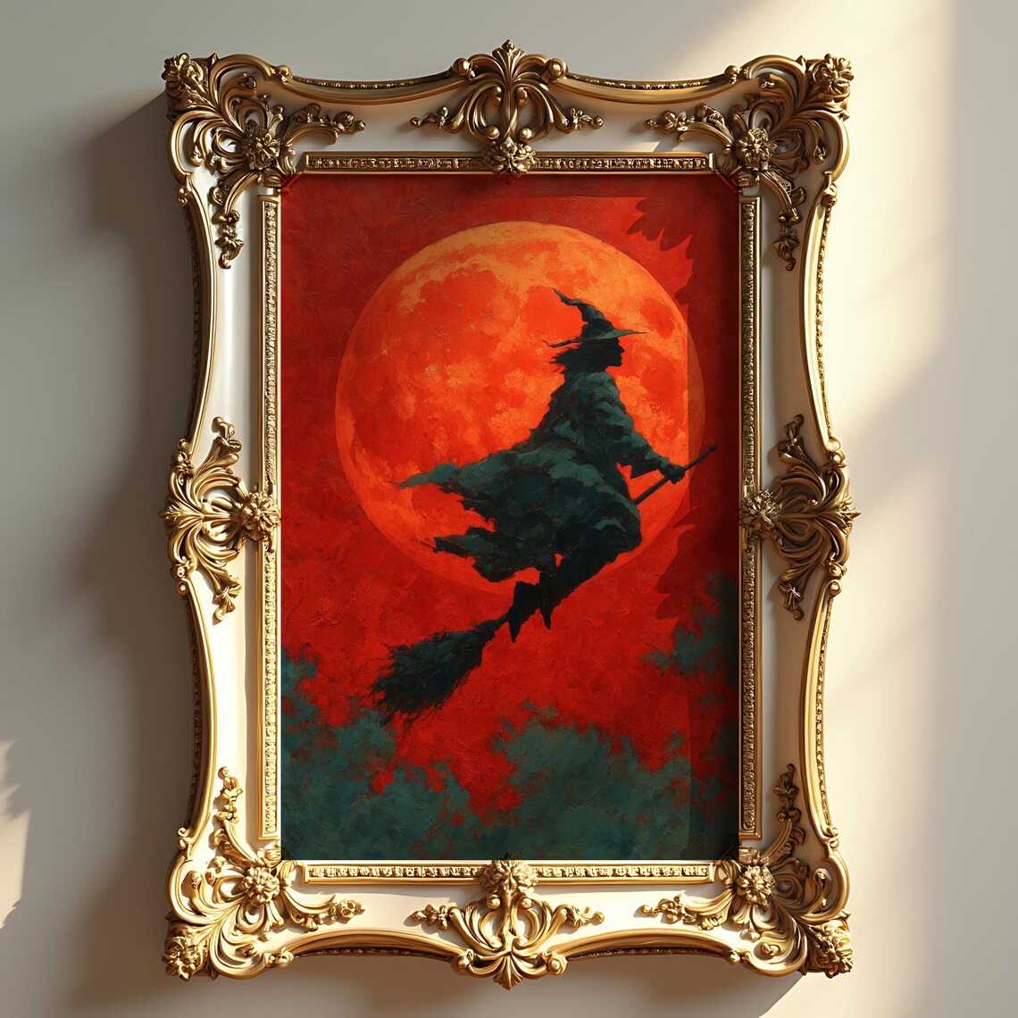 Witch Flying Across Blood Red Moon Broomstick Halloween Poster