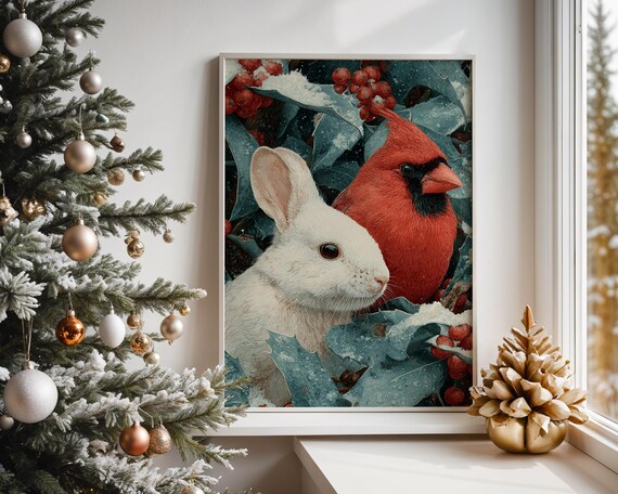 Winter White Rabbit And Red Cardinal In Snowy Holly Berries Poster