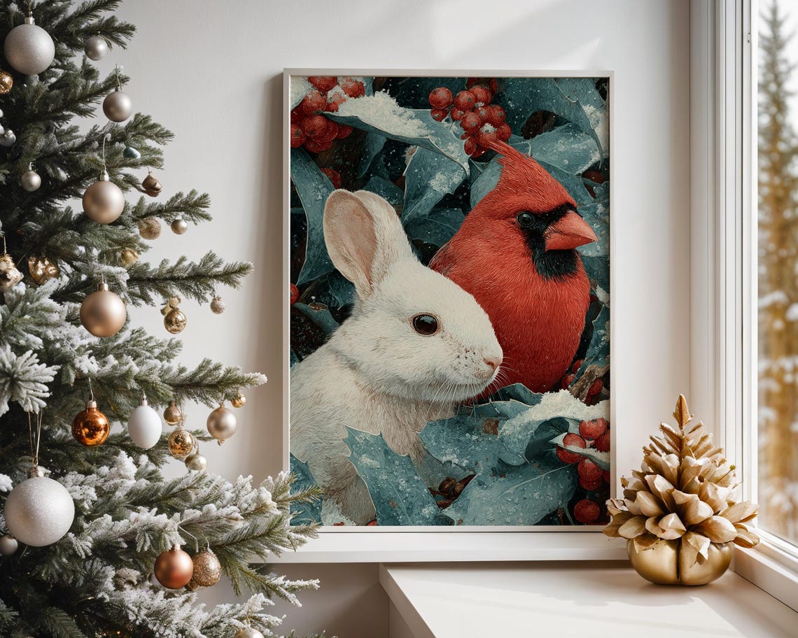 Winter White Rabbit And Red Cardinal In Snowy Holly Berries Poster