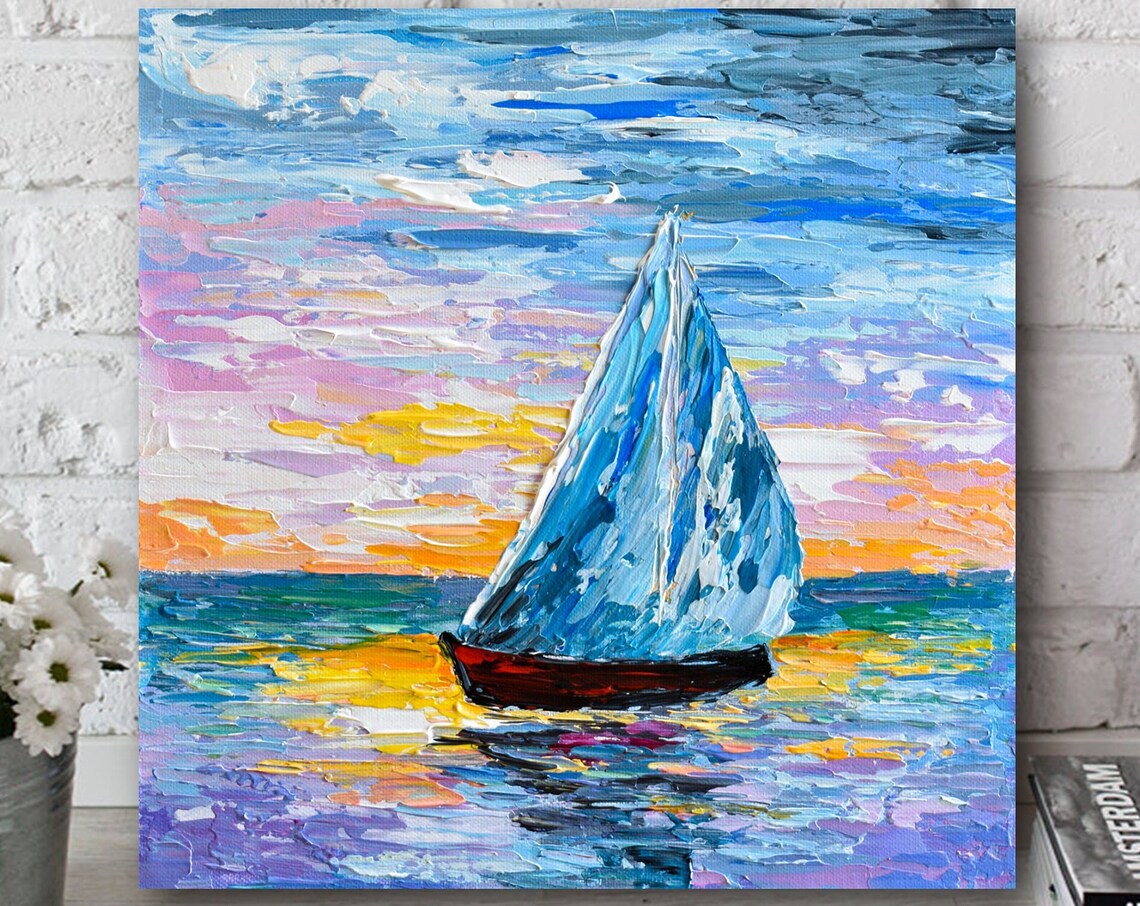 Sailboat Sunset Painting Ocean Voyage Colorful Seascape Art Poster