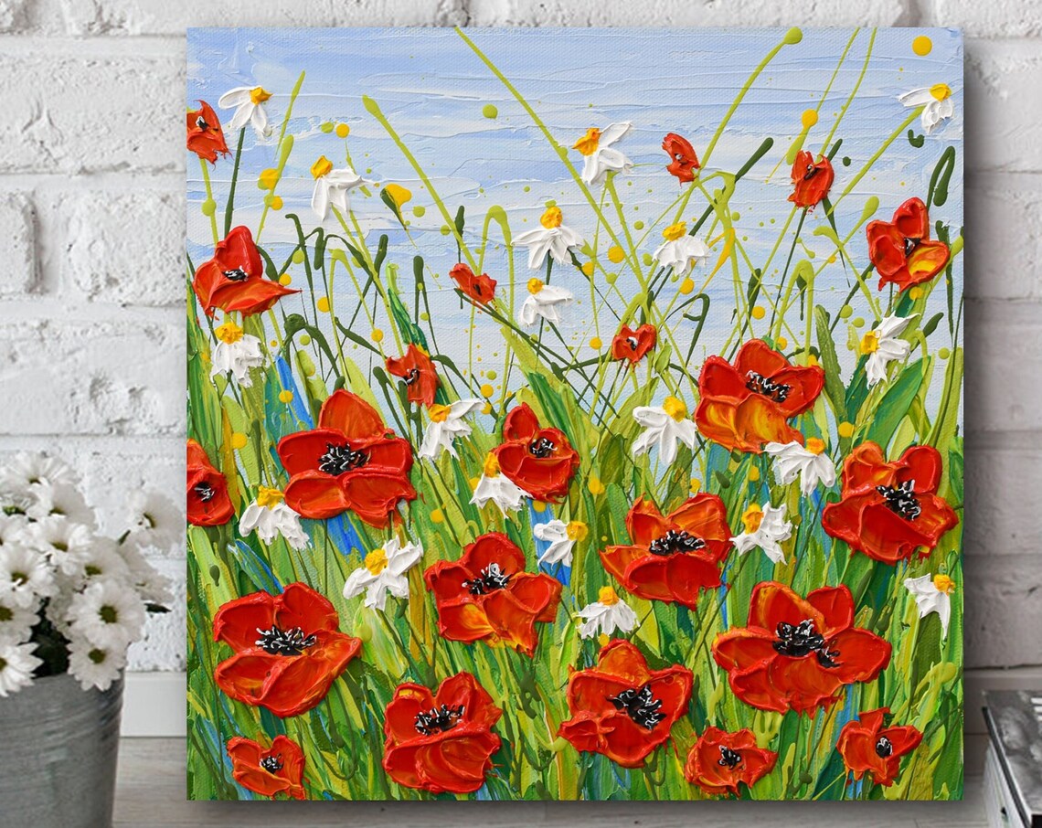 Red Poppies White Daisies Summer Meadow Textured Impasto Art Poster
