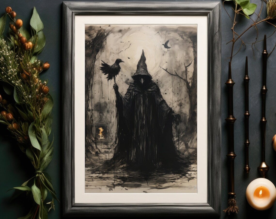Dark Witch Holding Raven Ink Sketch Mystical Gothic Wall Art
