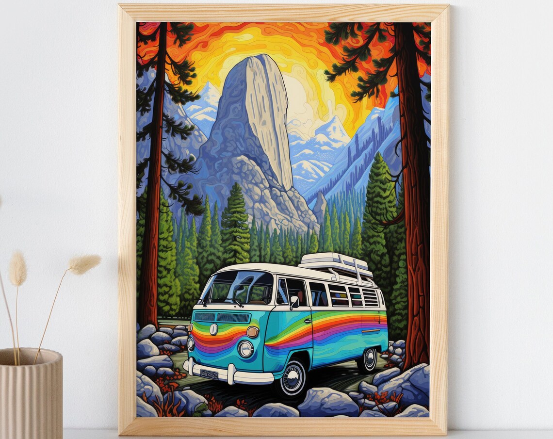 El Capitan Yosemite Sunset Retro Camper Van Rainbow Travel Poster - Image 3