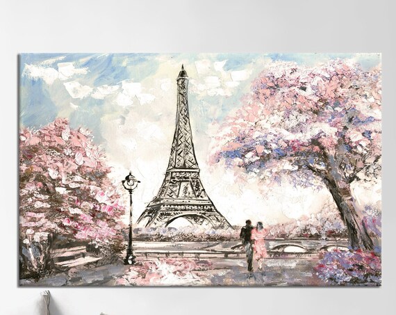 Eiffel Tower Spring Paris Cherry Blossom Romantic Painting Poster