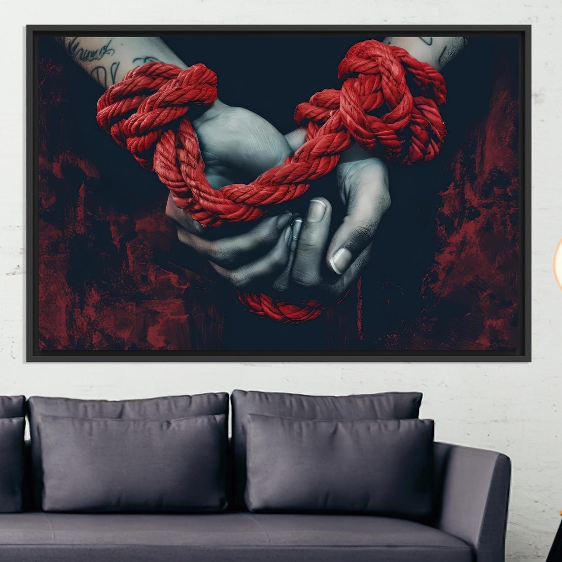 Hands Bound by Red Rope Dark Deep Dramatic Conceptual Art Poster