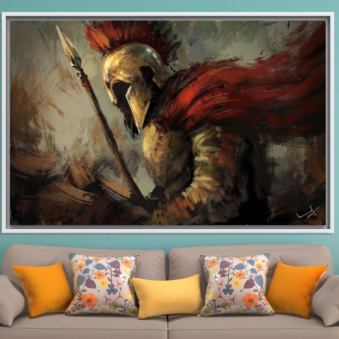 Spartan Warrior Bronze Helmet Red Cape Spear Painterly Battle Art Poster