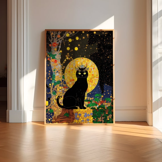 Black Cat Klimt Inspired Original King Wall Art Poster Modern Symbolism Fantasy Miresgal