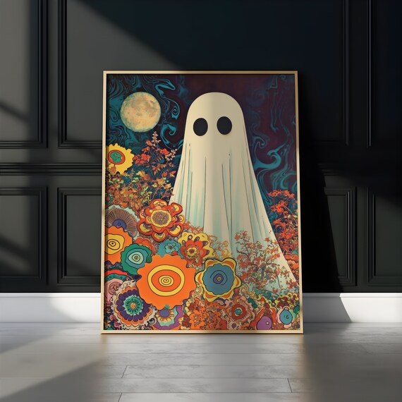 Groovy Ghost Among Psychedelic Flowers Moonlit Halloween Poster