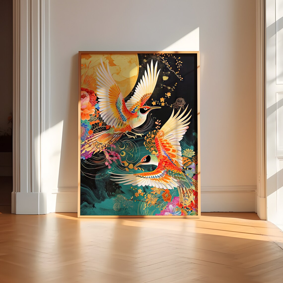 Vibrant Bird Botanical Art Print, Floral Asian Style