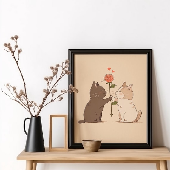 Cats in Love Rose Gift Cute Couple Cat Anniversary Art Poster