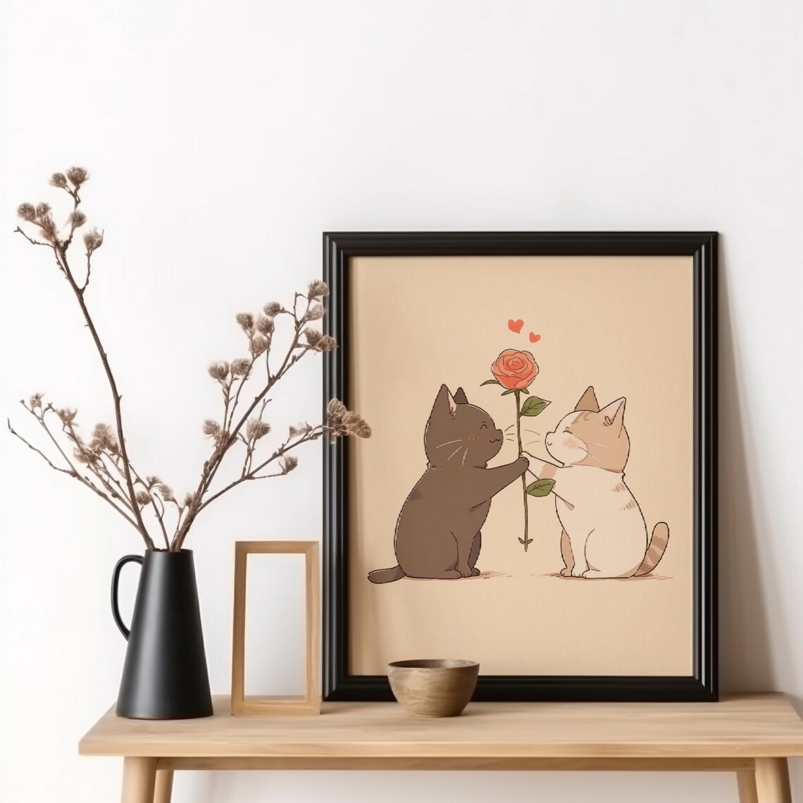 Cats in Love Rose Gift Cute Couple Cat Anniversary Art Poster
