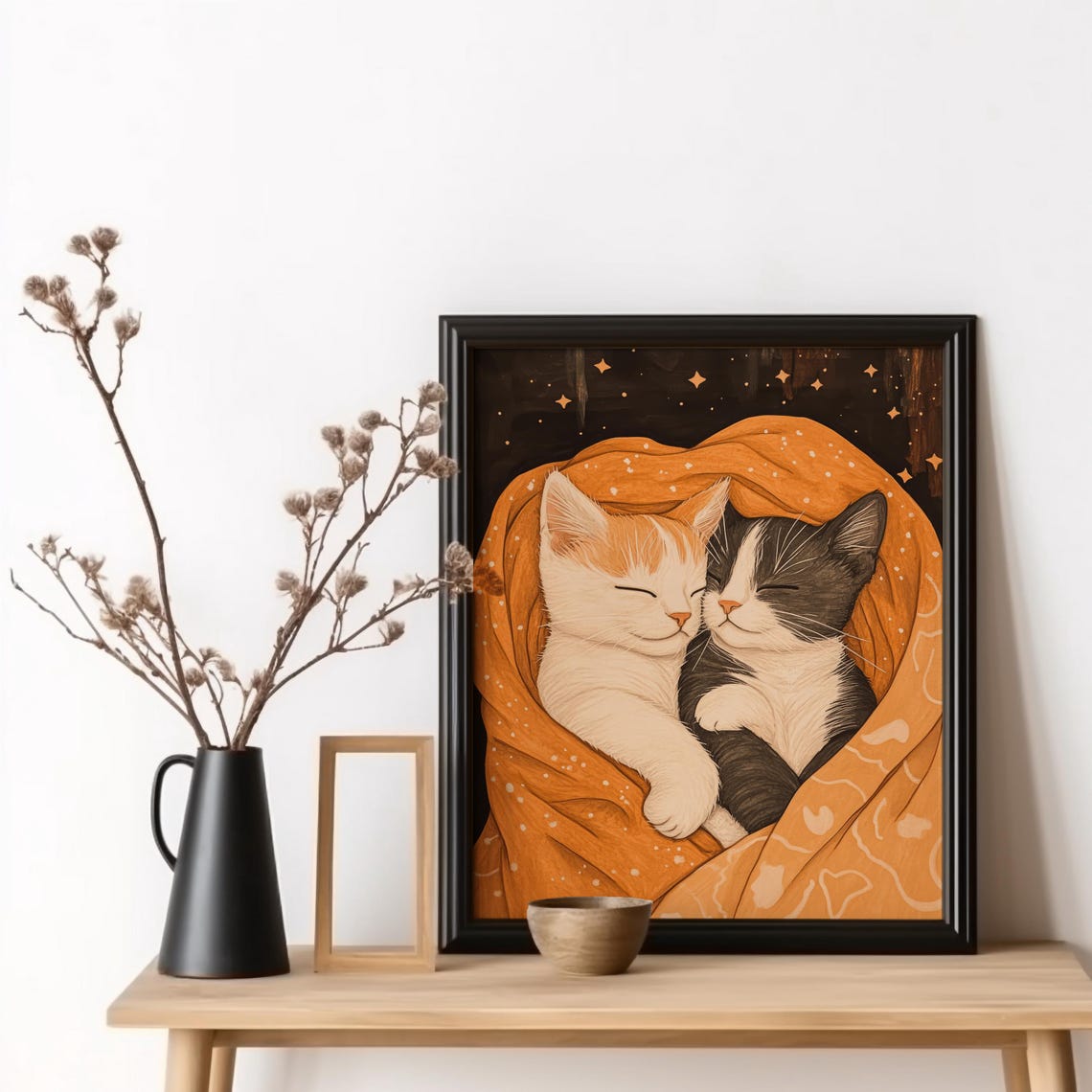 Sleeping Kittens Glowing Orange Blanket Starry Night Sky Cat Poster