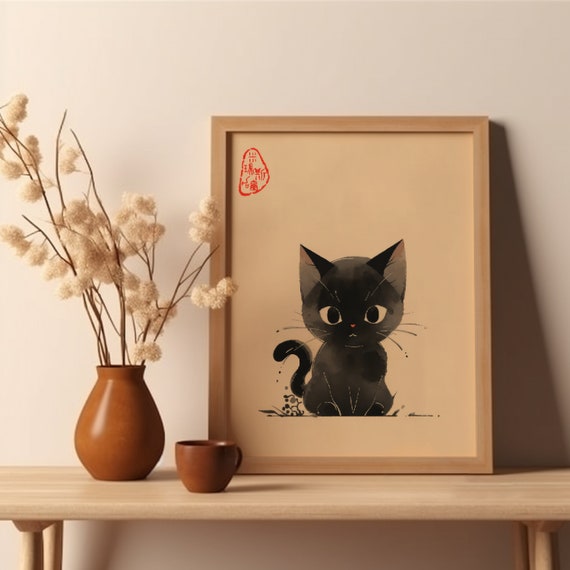 Japanese Cat Art Print Cute Black Poster Woodblock Wall Decor Home Painting Minimalist