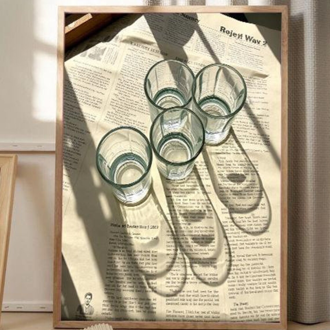 Clear Glass Cups Vintage Newspaper Sunlit Shadow Play Photo Poster