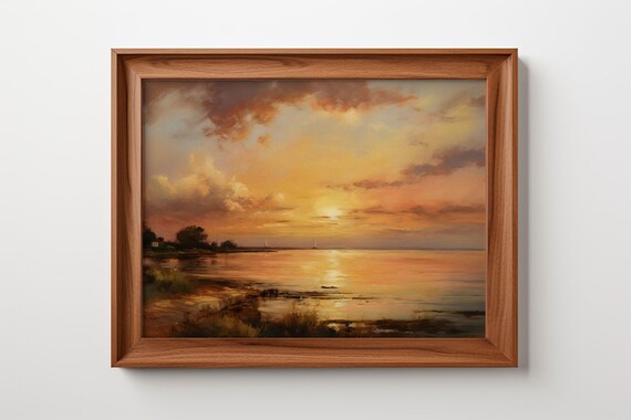 Golden Serenity Sunset By The Seashore Antique Country Print