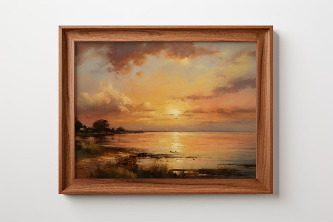 Golden Serenity Sunset By The Seashore Antique Country Print