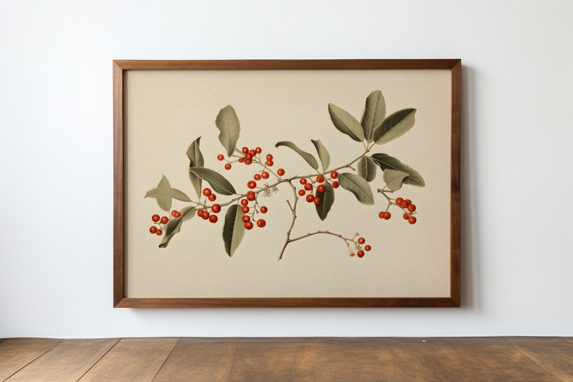 Botanical Holly Branch With Crimson Berrie Art Print - Image 2