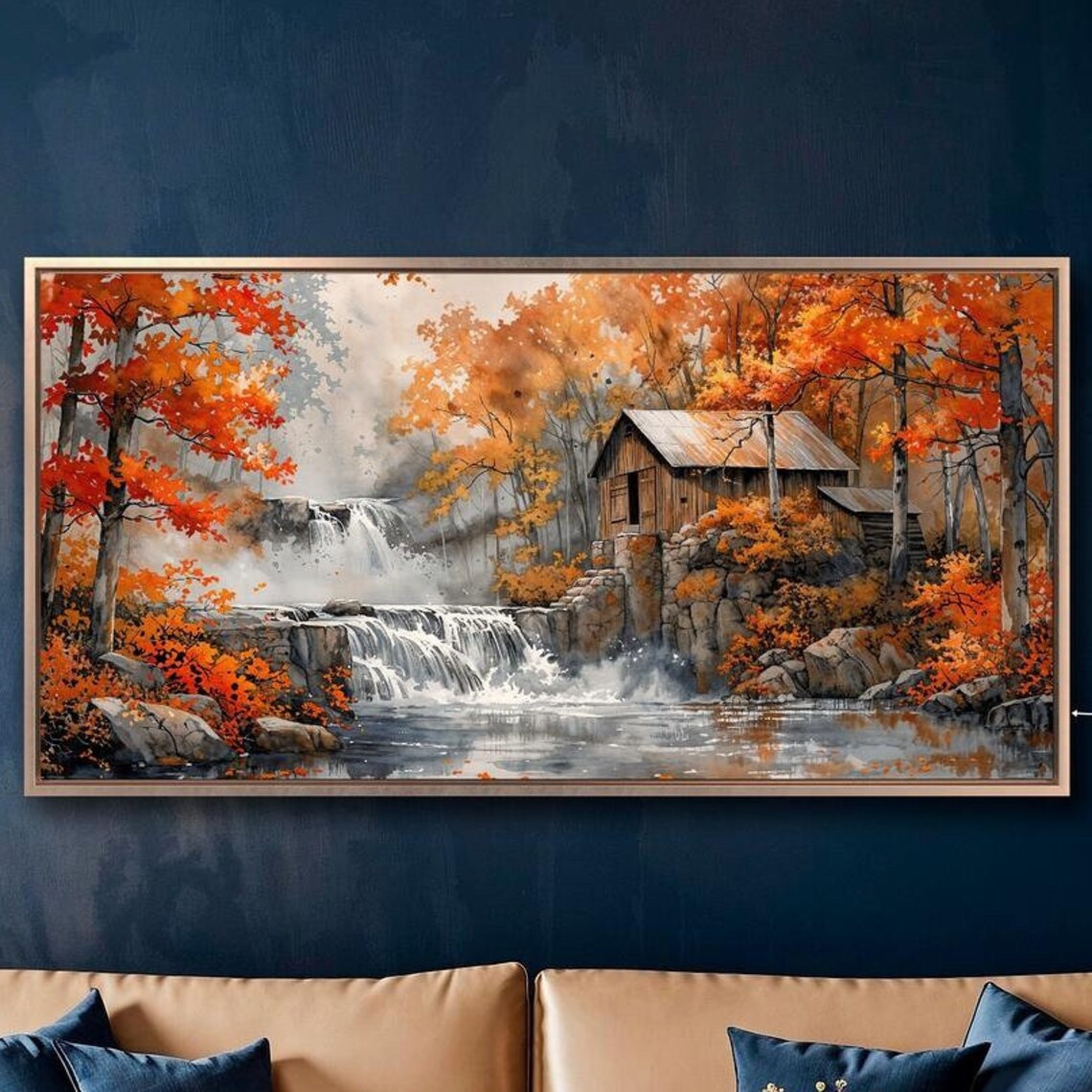 Rustic Cabin Waterfall Autumn Landscape Art Print