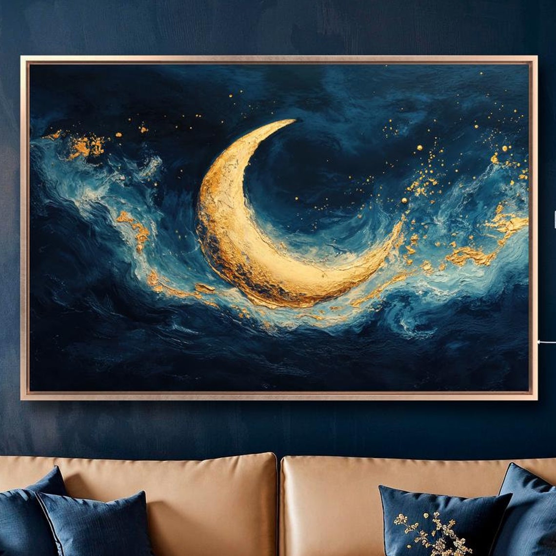 Golden Crescent Moon Swirling Dark Teal Ocean Waves Art Print