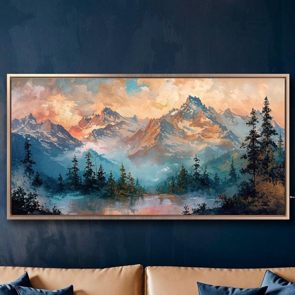 Mystic Mountain Landscape, Snowy Peaks and Lake Art Print